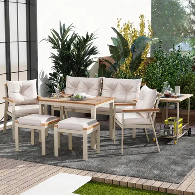 Produktbild von MODFU Gartensofa Outdoor Esstisch-Set mit einem Tisch und abnehmbarem Esswagen Garten-Esstisch-Set für 6–7 Personen mit Sesseln Für den Außenbereich und Garten geeignet Beige