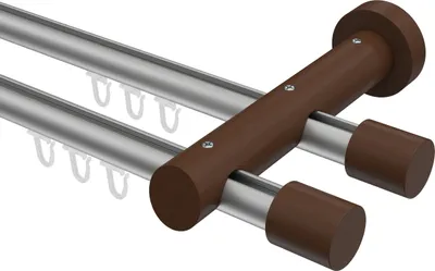 Produktbild von Interdeco Innenlaufstange / Gardinenstange mit Innenlauf Silbergrau / Nussbaum lackiert, Typ Talent Feta (Kappe), 20 mm Ø 2-läufig, 320 cm