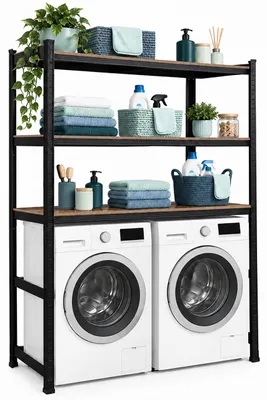 Zdjęcie produktu dla Półka na pralkę Relaxdays, wymiary: 180 x 130 x 40 cm, 3 półki, udźwig: 600 kg, materiał: stal, MDF, system montażu bez użycia narzędzi, kolor: czarny/brązowy, Obraz wygenerowany przez AI