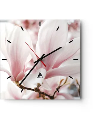 Produktbild von Wanduhr - Quadrat - Glasuhr - Zweig Magnolie Blume - 30x30cm - Schleichendes Uhrwerk - Lautlos - zum Aufhängen bereit - Dekoration Modern - Wanddekoration aus Glas - C3AC30x30-4538