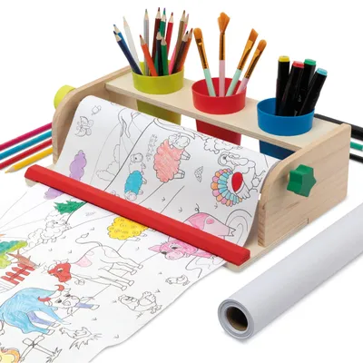 Produktbild von Joya Creative Malvorlage auf Rolle mit Papierrollenhalter aus Holz – 10 Meter Zeichenrolle für Kinder inklusiveZeichenstation aus Holz