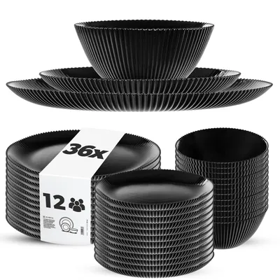Produktbild von KADAX Geschirrset für 12 Personen, 36-teilig, schwarze Tafelservice aus Opalglas mit Suppenschalen, Speisetellern & Desserttellern, Spülmaschinenfest (Schwarz)