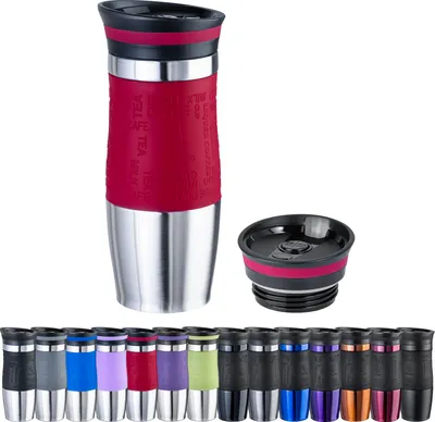 Produktbild von WELLGRO Thermobecher 400 ml + 1 Extradeckel - Edelstahl rostfrei - Silikon Soft-Touch Griffstück - BPA-frei - Isolierbecher doppelwandig - Travel Mug - Kaffeebecher to go, Farbe:Rot