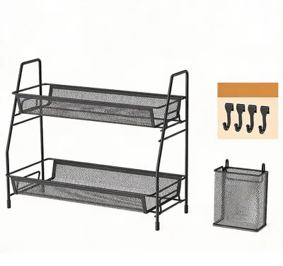 Image de Étagère de cuisine - Étagère à 2 niveaux - Organisateur pour plan de travail - Panier latéral - 4 crochets - Multifonctionnelle - En fer