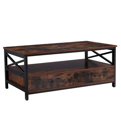 Zdjęcie produktu dla BEGRYF Stolik kawowy z półką i szufladami ciemny brąz 106x60x47, industrialny do salonu, metalowa konstrukcja, nowoczesny loft vintage