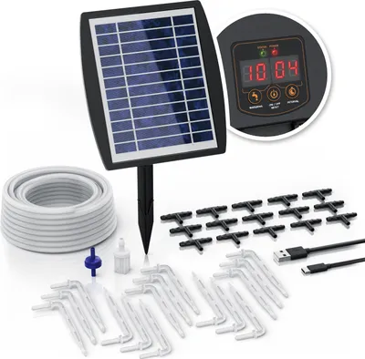 Produktbild von Brandson Solar Bewässerungssystem, Tropfbewässerung solarbetrieben/ akkubetrieben, 35-teilig, für 15 Pflanzen, Balkon/Garten/Terrasse, 15m Schlauch, Micro-Tropfer