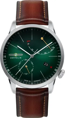 A close-up studio shot of a men's wristwatch with a green dial and a brown leather strap.