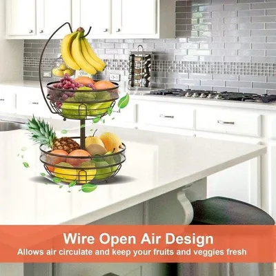 Produktbild von Doppelstufen-Früchtestand mit Bananenhalter, Metallfrüchtebrett, 2 Ebenen, ausklappbar, Tagesfrüchte- oder Gemüsestand, Küchenaufsteller, Bronze
