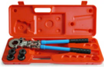 A press fitting tool kit in an open orange case.