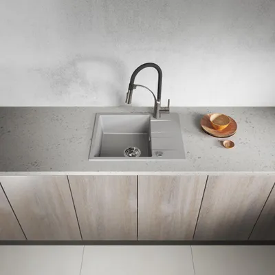Produktbild von Design Granitspüle 1-Becken mit kurzer Abtropffläche grau 44x56 inkl. Siphon