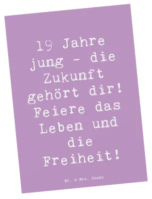 Produktbild von Mr. & Mrs. Panda Postkarte Spruch 19. Geburtstag - Lavendeltraum - Geschenk, Happy Birthday, Ansichtskarten, besondere Erinnerungen, 19 Jahre, Grußkarte, bildkarte, Alter