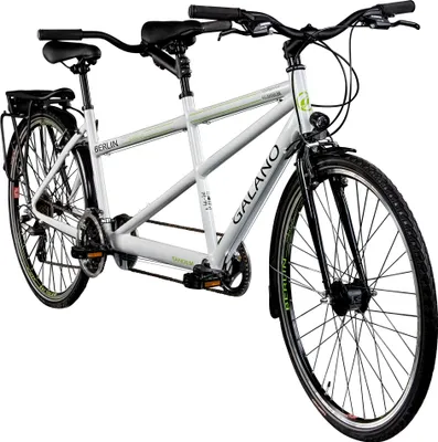 A white tandem bicycle is shown against a white background.