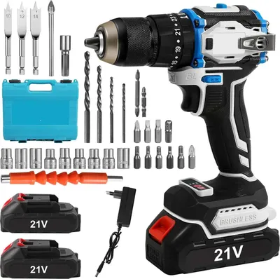 Image de Perceuse-visseuse sans fil multifonctionnelle - 3 en 1 : perceuse et visseuse sans fil - Moteur sans balais - 2 vitesses - Couple de 70 Nm - Éclairage LED - 2 batteries 18V incluses