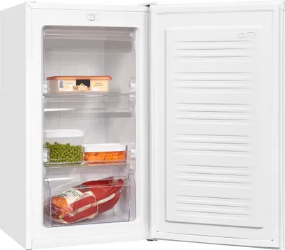 The interior of an open white freezer with shelves and drawers containing food items.