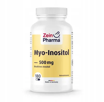 A white bottle of Zein Pharma Myo-Inositol supplements on a white background.