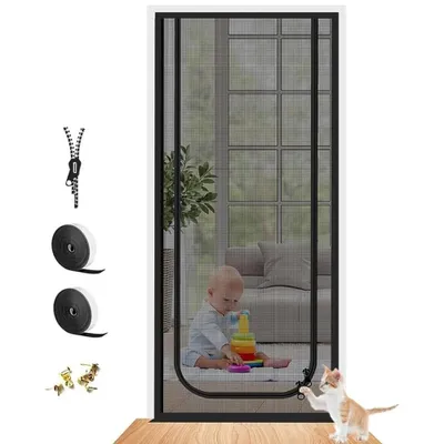 Produktbild von Balkon-Katzennetz mit Reißverschluss-Katzenklappe, verhindert das Eindringen von Katzen,Katzenklappen-Netz,bohrfreie Katzenschutz-Tür (80 cm x 200 cm)