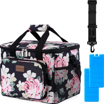 Produktbild von Packaway 4-lagige isolierte Kühltasche - Lunchtasche 15 Liter - Schwarz Blumenmuster