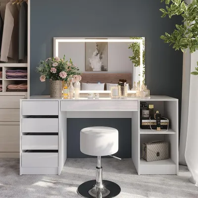 Immagine prodotto di Tavolo da toeletta Vicco Sherry Bianco/bianco lucido 158.2 cm con specchio LED e sgabello, Model 57654