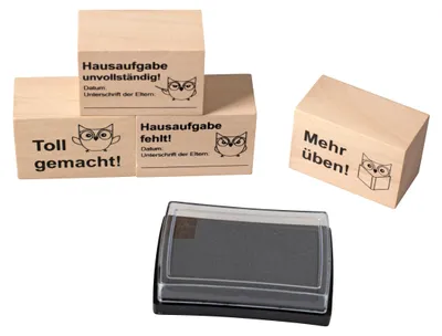 Produktbild von Betzold Hausaufgabenstempel, 4 Stück inkl. Stempelkissen