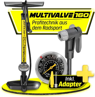 Produktbild von Dunlop Fahrradpumpe Luftpumpe Fahrrad alle Ventile -Premium Standpumpe Fahrrad aus Aluminium bis 11 bar für Schrader, Presto und französisches Ventil - Bike Pump mit Manometer und 2in1 Adapter Pumpe