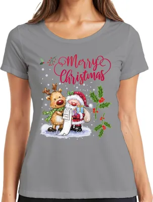 Produktbild von Merry Christmas Santa Rentier Wunschliste Mistelzweig - Weihnachten Weihnachtsgeschenk Damen T-Shirt, Grau, S