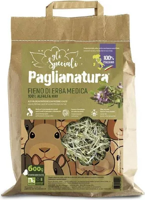 Productafbeelding van Paglianatura Alfalfa 100% – Hoogwaardig hooi, rijk aan calcium en eiwitten, geschikt voor konijnen en knaagdieren, verpakt in een zak van 600 gram.