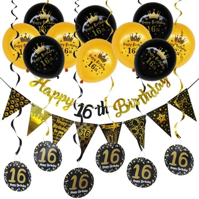16. Geburtstag Deko Schwarz Gold, Wirbel & Banner, 18-teilig