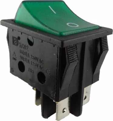 Produktbild von Wippenschalter, 2 polig (4pin) 16A 250VAC 30x22mm Grüne Wippe beleuchtet