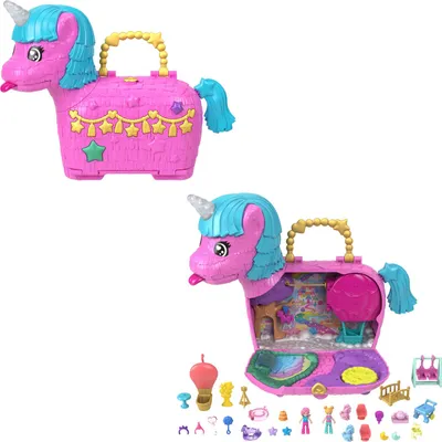 Produktbild von Polly Pocket Unicorn Partyland-Spielset mit 2 kleinen Puppen, Tieren und über 25 Überraschungs-Accessoires, Geburtstagsfeier mit Heißluftballonfahrt, Aktion/Abenteuer, 4 Jahr(e), Mehrfarbig, Kunststoff