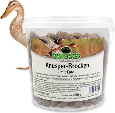 Produktbild von 850g Schecker Knusper-Brocken mit Ente - wertvolle Cerealien - Calcium - Vitamine im Eimer