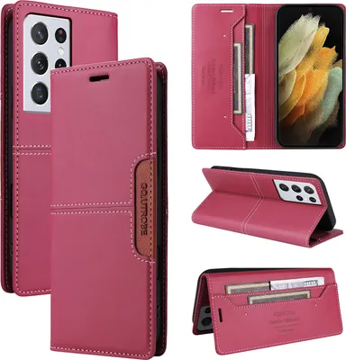 Produktbild von Handyhülle für Samsung Galaxy S21 Ultra 5G Hülle, Leder Flip Wallet Kartenfach Stand Schutzhülle Rot