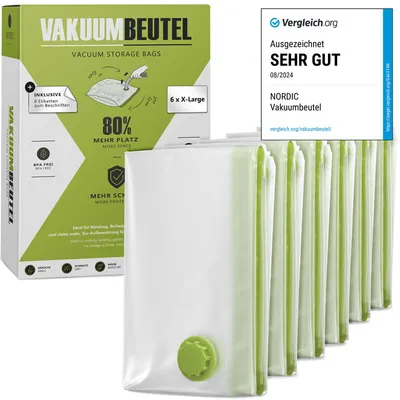 Produktbild von NORDIC® - Vakuumbeutel für Kleidung - 6x Größe XL (100x80cm) - BPA Frei - Vakuumbeutel für Bettdecken – Vacuum Bags for Clothing – Vakuumierbeutel