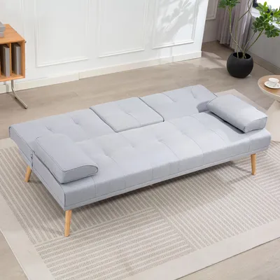 Produktbild von Schlafsofa 3-Sitzer Klick-Klack, Sofabett mit Klapptisch, Becherhalter, Leinenoptik, Hellgrau | 181x77x78 cm | bis 250 kg | 3-fach verstellbar