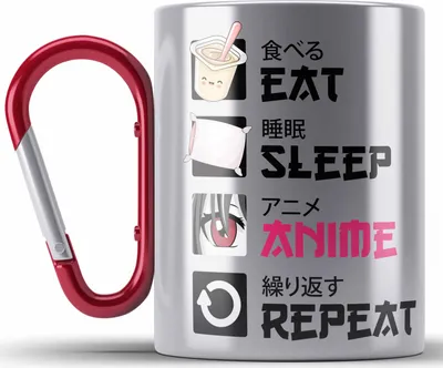 Produktbild von Trendation -  Eat Sleep Anime Edelstahl Tasse Karabiner Geschenk Spruch Karabiner Edelstahl Tasse Karabiner Edelstahl Geschenke Deko (Rot)