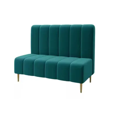 A teal-colored bench with a high backrest and channel tufting, shown against a white background.