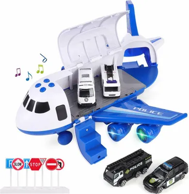 Produktbild von Topchances Flugzeug Spielzeug mit Auto, Flugzeug Spielset für Kinder 2-6 Jahre, Batteriebetrieben Flugzeug Spielzeug und 4 Polizeiauto Verkehrsschild Lehre Spielzeug