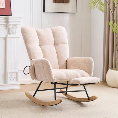 Produktbild von Schaukelstuhl fürs Kinderzimmer mit Airbag, bequemer Schaukel-Lesesessel für drinnen, Wohnzimmer, Schlafzimmer, Büro (Chenille, Beige)