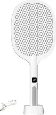 Image de Tapette à mouches électrique - Raquette anti-insectes - Éclairage LED - Rechargeable via USB-C - Poignée amovible - Mode automatique - Pour l'intérieur et l'extérieur - Blanc