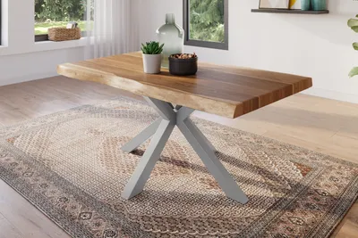 Produktbild von Esstisch 140 x 80 cm Akazie massiv natur Baumkantentisch Spider-Gestell silber ATLAS