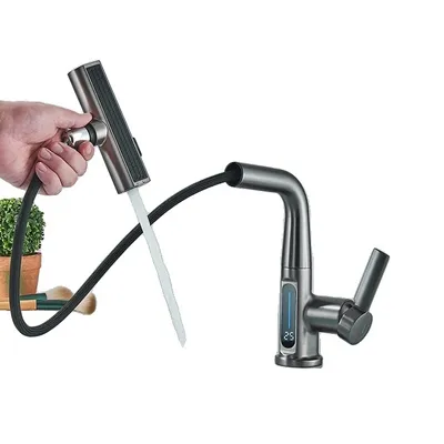 Immagine prodotto di Miscelatore per lavabo, doccetta estraibile, display temperatura intelligente, grigio