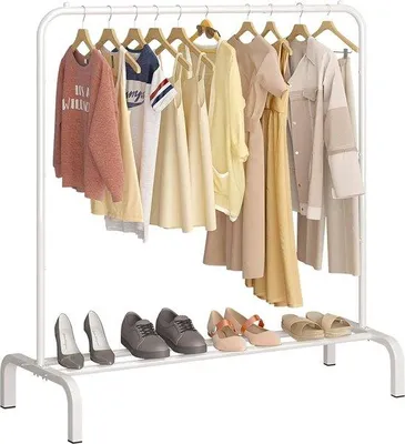 Produktbild von Garderobenstangen aus Metall, 110 cm lang, mit Bodenrek, für Jassen, Röcke, Hemden und Pullover, weiß