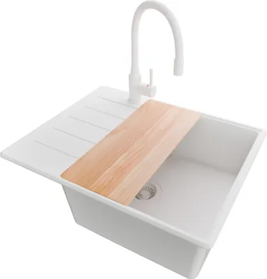 Produktbild von PRIMAGRAN Granitspüle Alles Weiß 62x50cm, Spülbecken 1 Becken + Ablauf-Set + Küchenzubehörset, Küchenspüle ab 50er Unterschrank - Kopenhagen