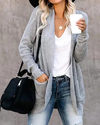 Produktbild von ASKSA Damen lässig Langarm Strickpullover lässigStrickjacke Casual Weicher, Hellgrau XXL