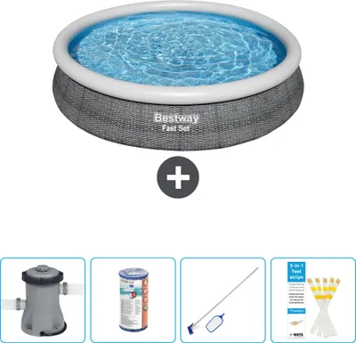 Produktbild von Bestway runder aufblasbarer Fast-Set-Pool – Rattan-Druck – 366 x 76 cm – inklusive Pumpe Filter - Reinigungskit - Teststreifen
