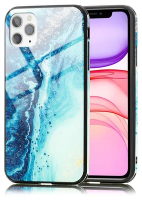 Produktbild von NALIA Hartglas Handy Hülle für iPhone 11 Pro Max, Marmor Design Case Cover Etui Blau Türkis