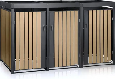 A three-unit trash bin enclosure with wooden-look slats and metal frames, shown from the front.