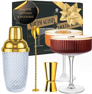 Productafbeelding van VEMACITY - Luxe gouden cocktailshakerset - 15oz glazen shaker met zeef - 2 gouden rand 10 oz geribbelde martiniglazen en bargereedschap