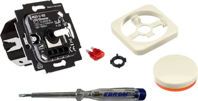 Produktbild von Busch Jäger 6523U-102 LED-Drehdimmer LED-Dimmer mit Dimmerscheibe Zentralplatte 2115-212 in DURO2000 cremeweiß glänzend inklusive EBROM Phasenprüfer zur Montage des Dimmers (6523 U – 102)