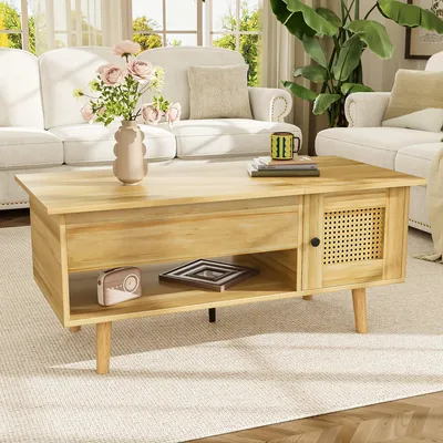 Produktbild von Moderner, platzsparender Couchtisch aus Holz mit verstellbarer Tischplatte und einem Korbtisch mit Rattanfront zur Aufbewahrung