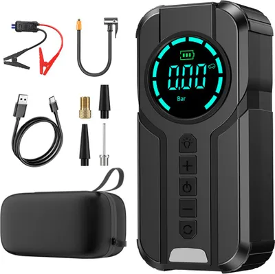 Zdjęcie produktu dla Wielofunkcyjny rozrusznik samochodowy 16000 mAh z kompresorem, powerbankiem i światłem awaryjnym LED - wzmacniacz 2 w 1 i pompka do opon, czarny